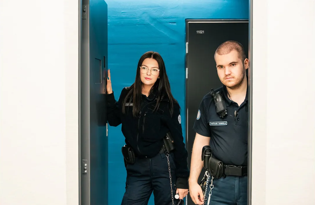 Kaksi virkapukuun pukeutunutta henkilöä seisoo ovensuussa katse kuvaajan ohi. Taustalla näkyy betoniseinä ja raskas metalliovi.